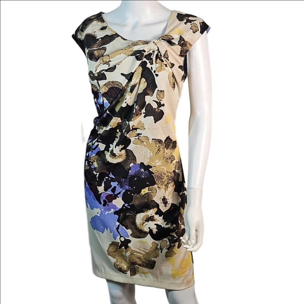 Donna Ricco NY Cream Brown  Purple Abstract Floral Draped Knot Neck Sheath Dress